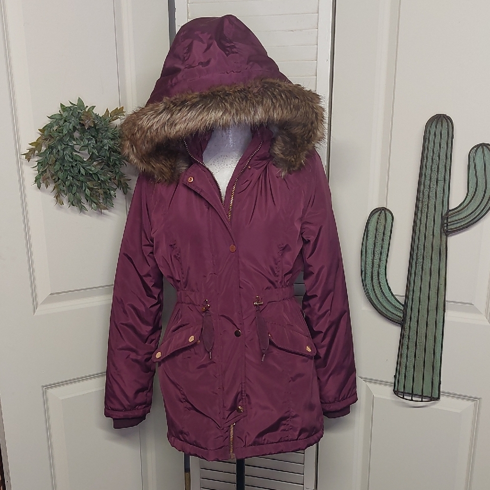 Girl's 14 / 16  Hooded Plum Parka with Faux Fur Trim, Rose Gold Color Hardware